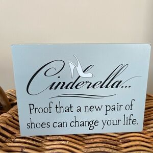 Wooden box sign. Cinderella shoes.